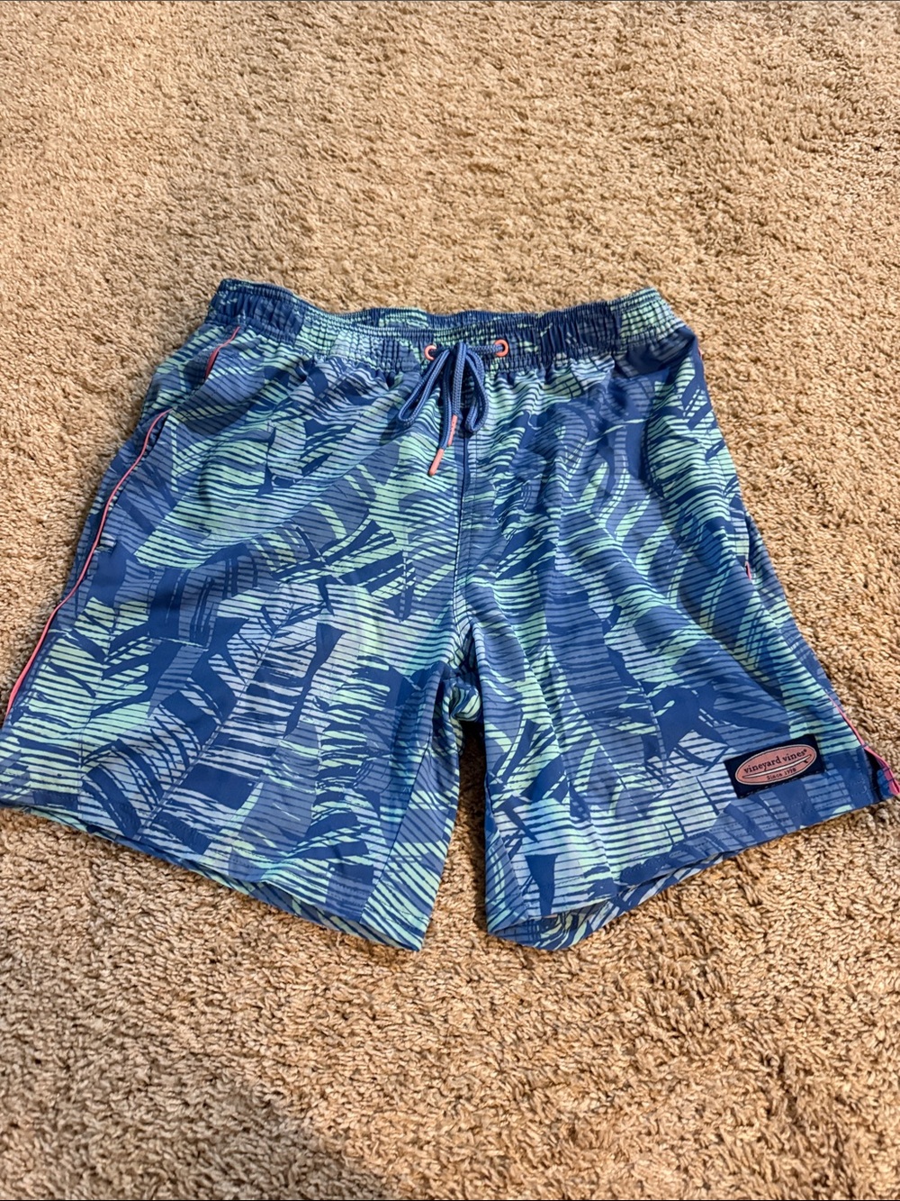 Vineyard Vines Blue and Teal Palm-Print Swim Trunks